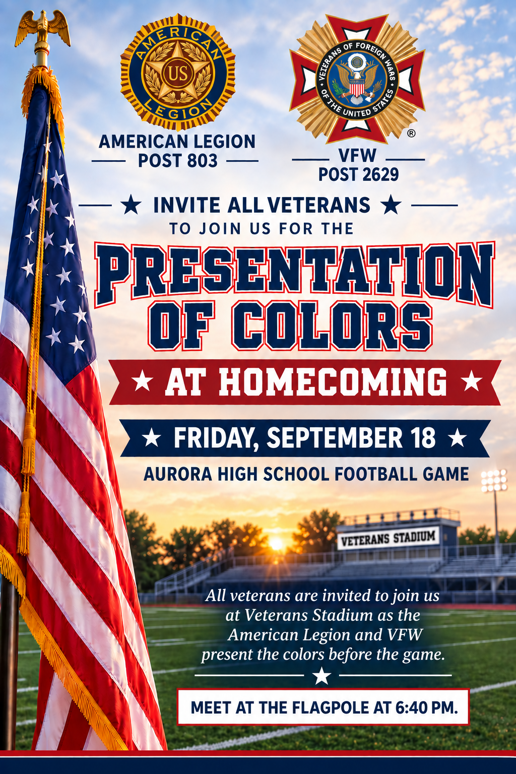 Aurora veterans groups to present colors at homecoming game